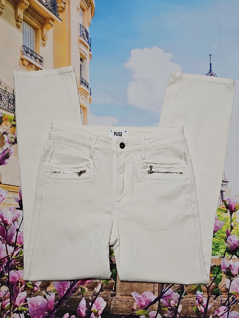 Paige Cindy Cream Zippered Pocket High Waisted Jeans‎ Size 27